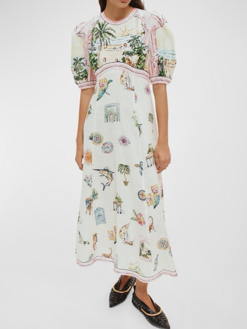 BRAND NWT Alemais Sunset Puff Sleeve Linen Midi Dress